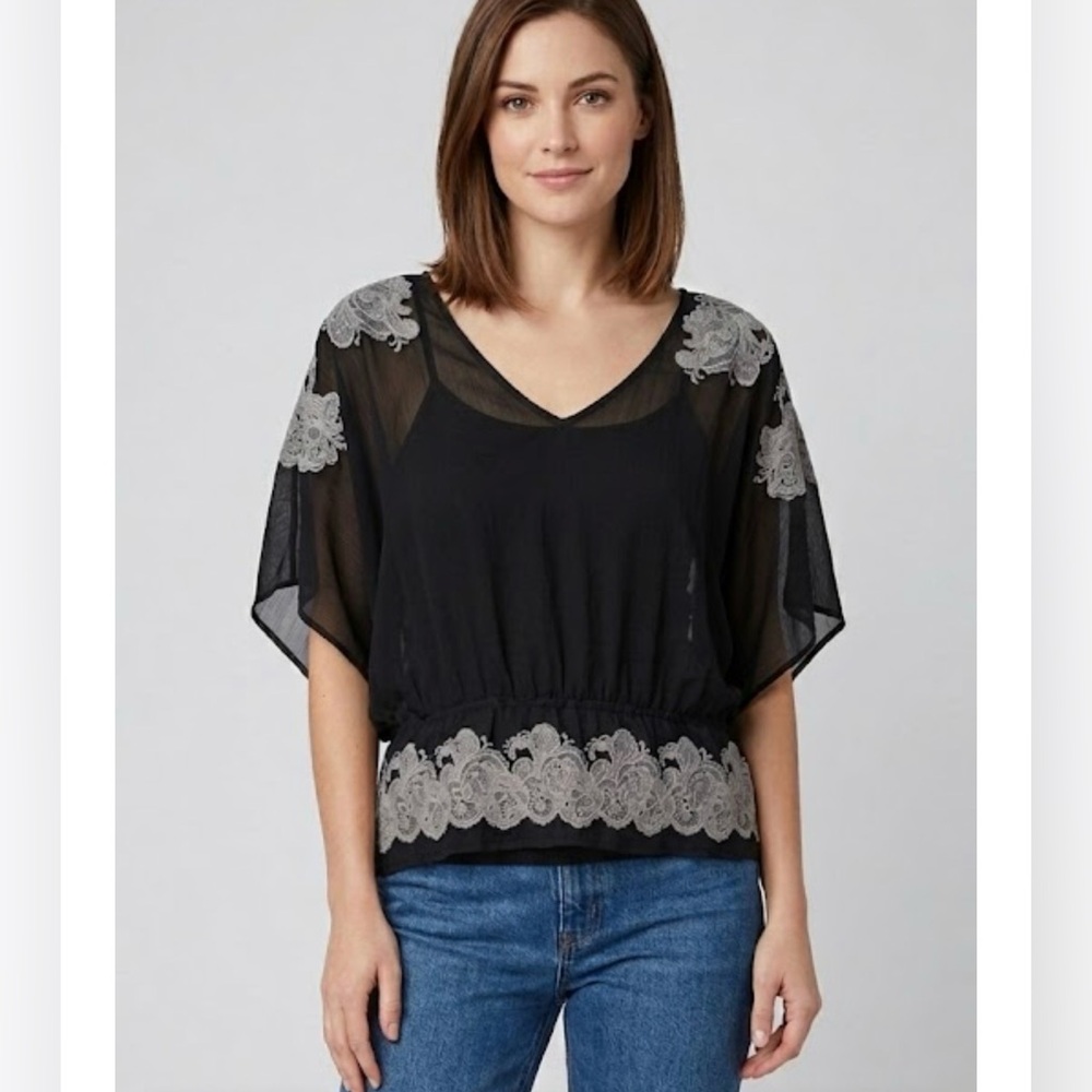 Apt. 9 Black White Sheer Lace Top 1X Boho Layering Blouse